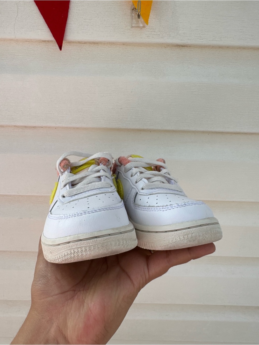 Nike Kids White Sneakers with Yellow Swoosh and Pink Collar - Picture 6 of 8
